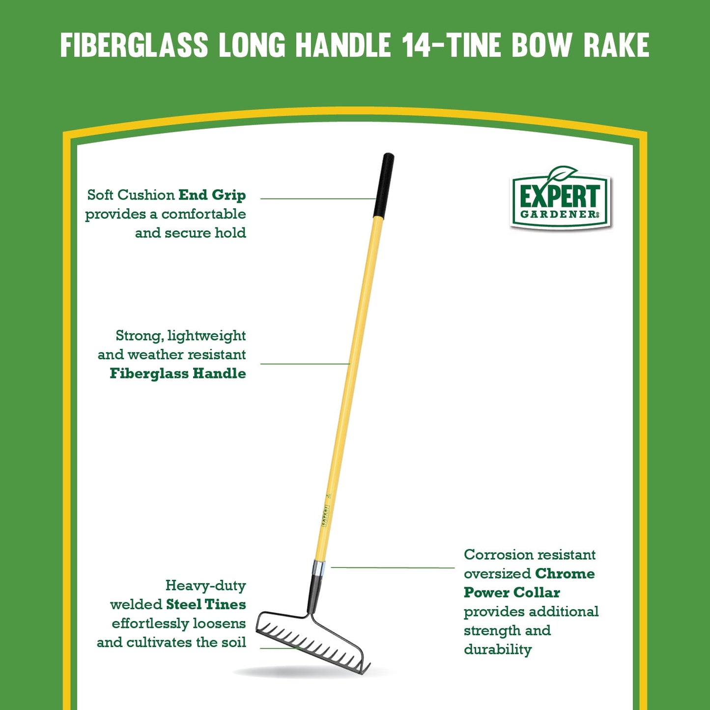 Expert Gardener Fiberglass Long Handle 14-Tine Bow Rake